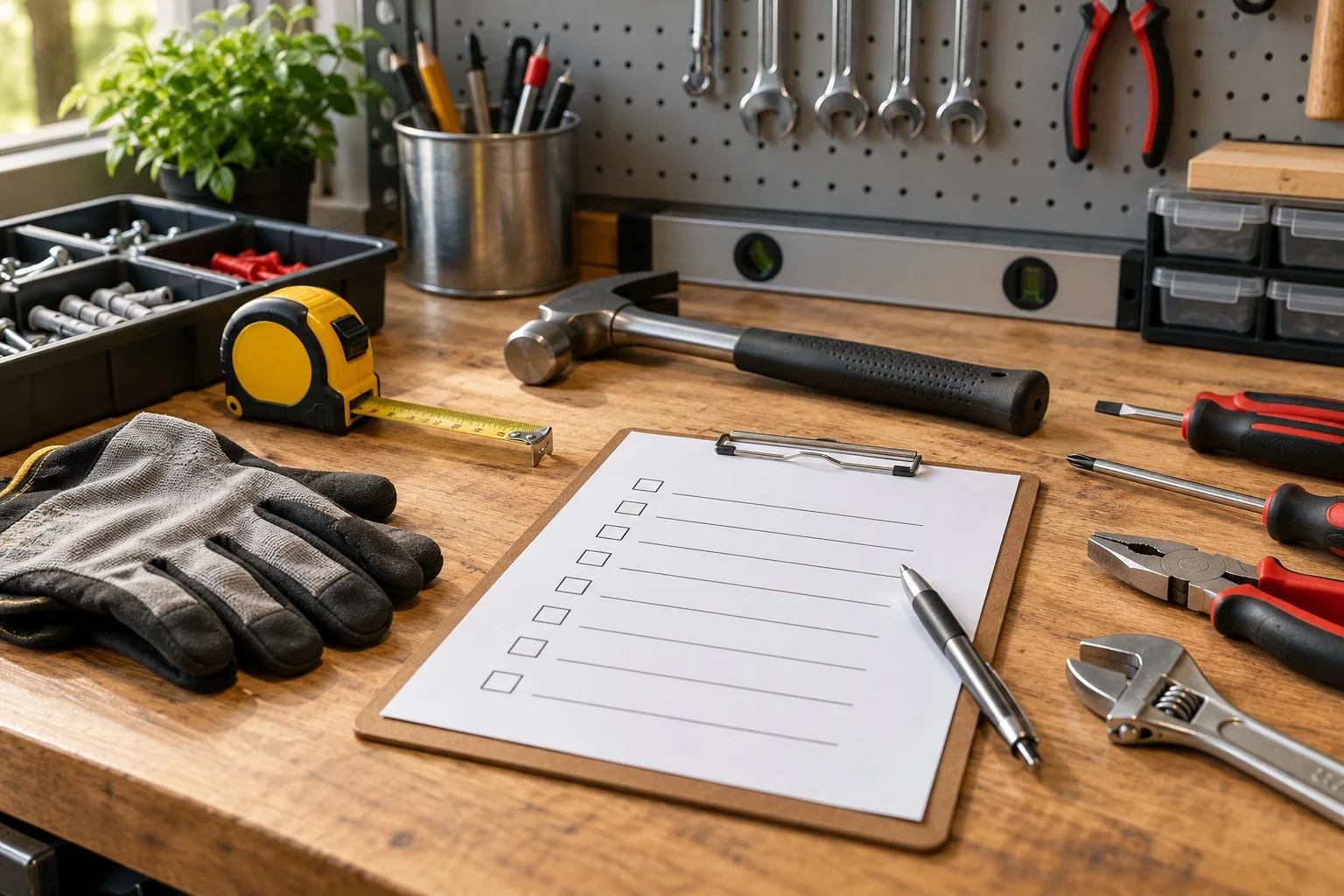 Neutrale Handwerkzeuge, Handschuhe und Messband auf einer sauberen Werkbank